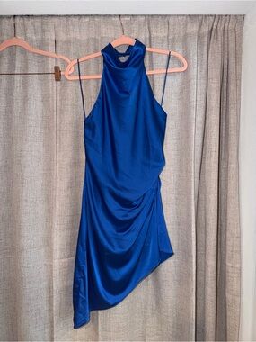 Satin Cowl Neck Asymmetric Dress - Blue